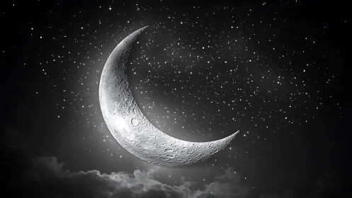 Crescent moon over star field in monochrome night sky.