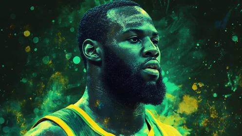 Basketball player portrait rendered with neon green lighting