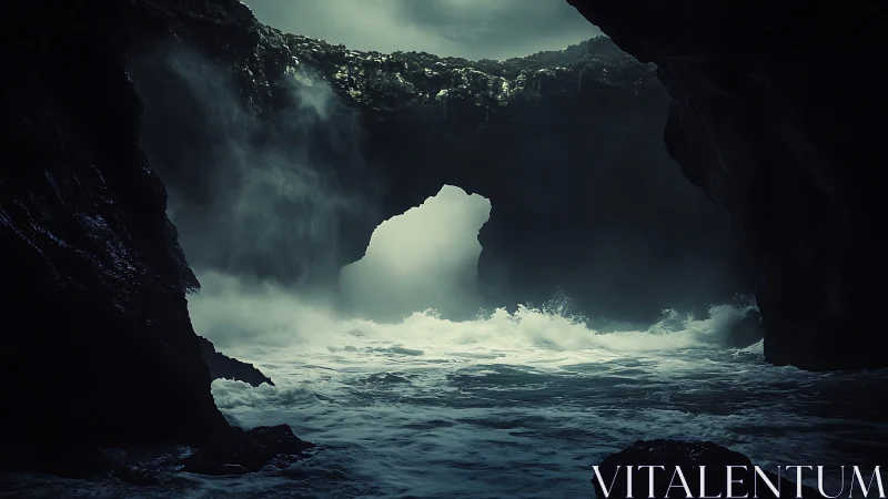 Moonlit sea cave frames crashing waves in eerie glow.