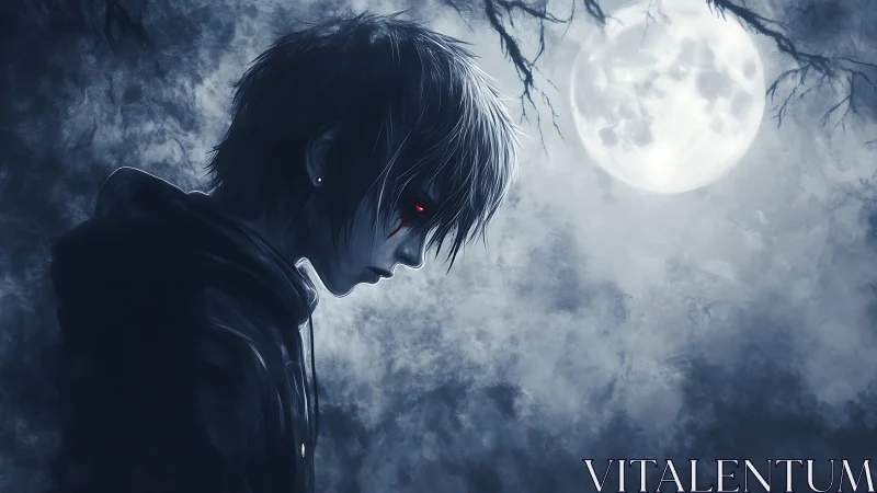 Red-eyed nocturnal youth silhouette under full winter moon