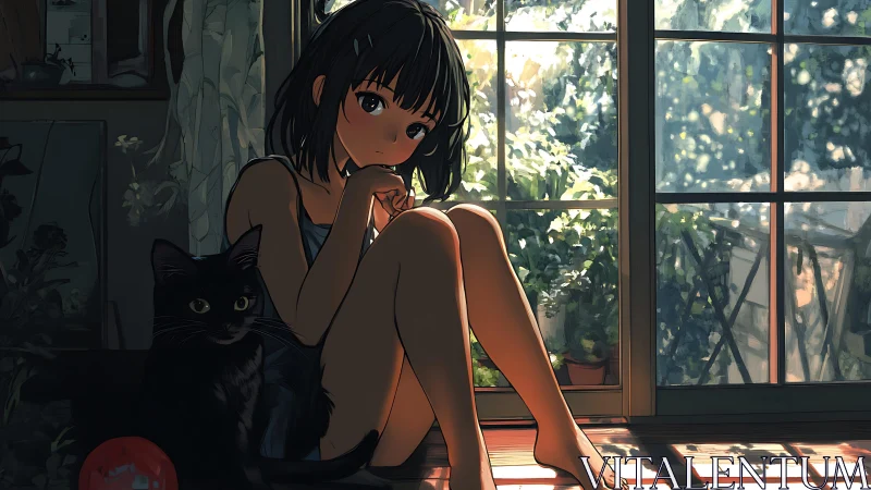 Sunlit anime girl and black cat rendered in warm rim light