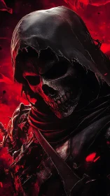 Hooded necrotic reaper rendered in crimson spectral contrast.