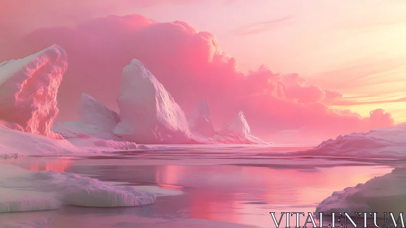 Sunlit pink icebergs reflect across tranquil polar water