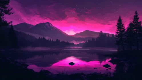Mountain lake at dusk with magenta sky reflection.