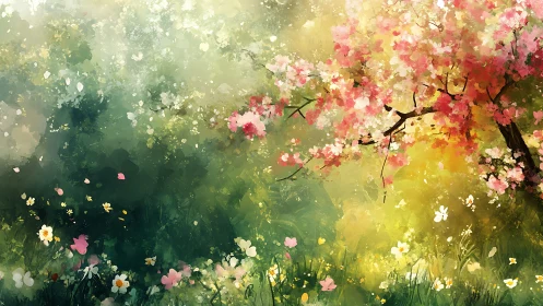 Spring blossoms spill across a sunlit meadow in bloom.