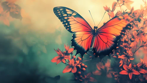 Orange butterfly on foliage with soft bokeh background.