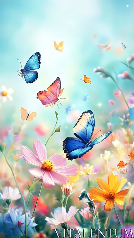 Butterflies drift above wildflower meadow in soft spring light