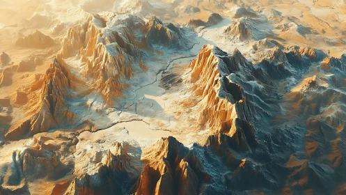 Golden extruded mountain range in atmospheric aerial light.