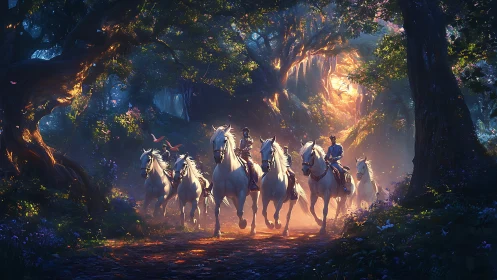 White riders cross luminous forest path toward golden light