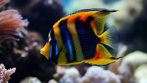 Coral-reef jewel fish glides through shimmering blue hush.