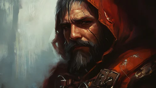 Scarred wanderer in ember-red hood studies the horizon.