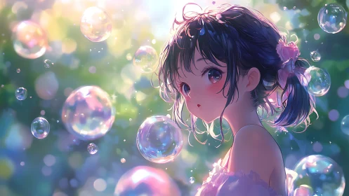 Iridescent anime girl portrait with floating translucent bubbles.