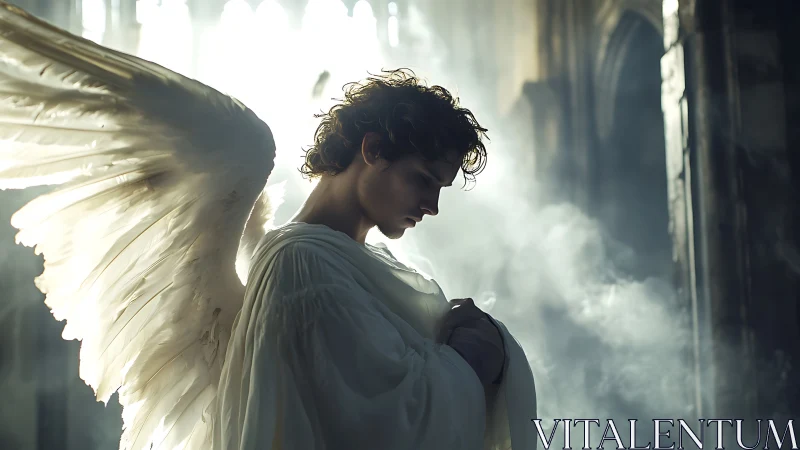 Solitary angel stands in misty cathedral light, wings folded.