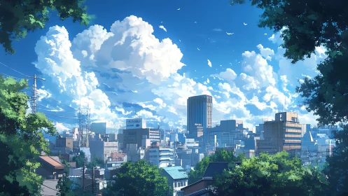 Anime cityscape under towering cumulus cloud formations.