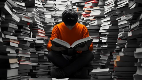 Solitary reader in high-contrast stacks analyzes oversized volume