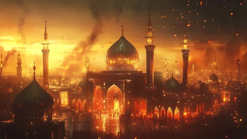 Islamic Cityscape Rendered in Dramatic Golden Illumination and Atmospheric Fire
