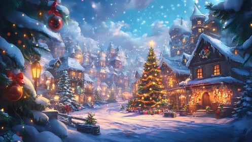 Snow-laden festive village with luminous central Christmas tree.