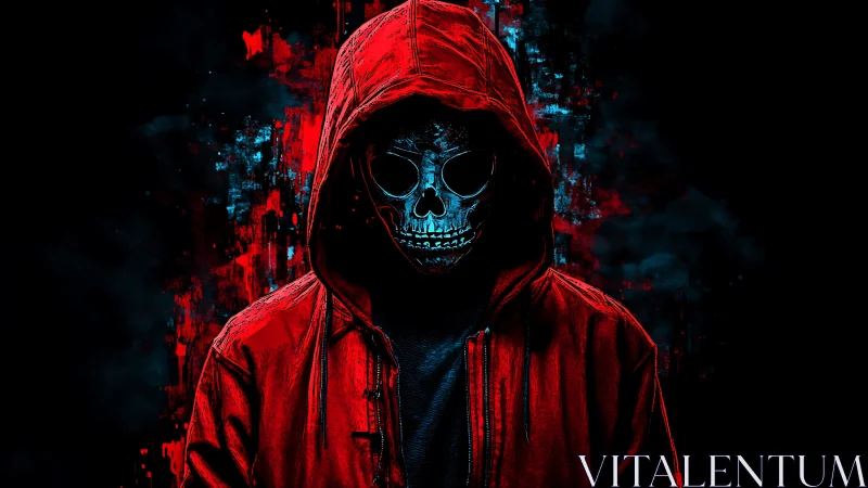 Hooded skull figure in red jacket on dark digital background.