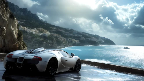 Silver sports car on wet coastal road beneath cloudy sky.