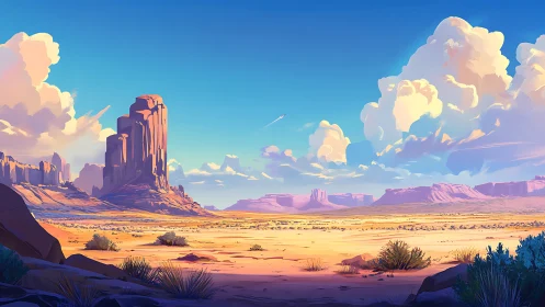 Sunlit desert mesa under towering clouds and distant jet