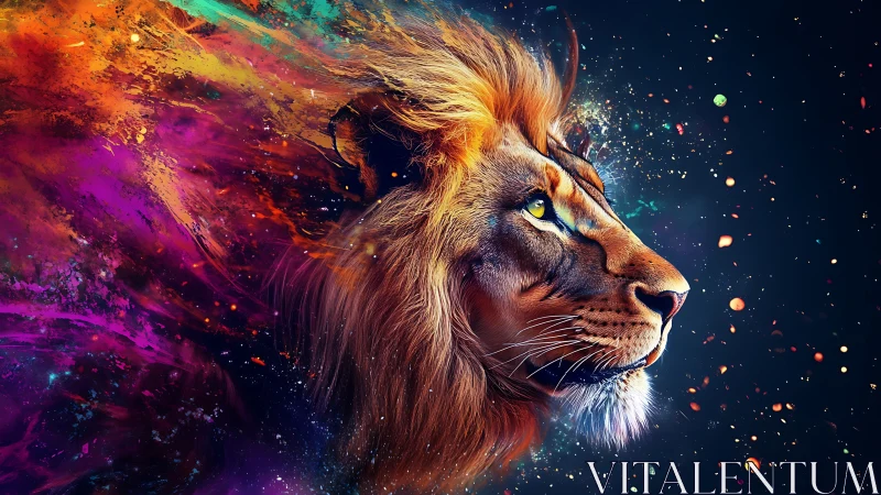 Lion profile rendered with vivid multicolor cosmic splashes