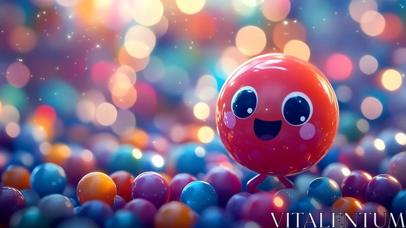 Luminous chibi sphere character amid bokeh-saturated orbs field.