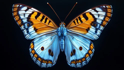 Vibrant butterfly spreads luminous wings against deep black
