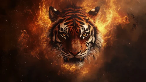 Tiger head rendered in fire tones against dark backdrop.