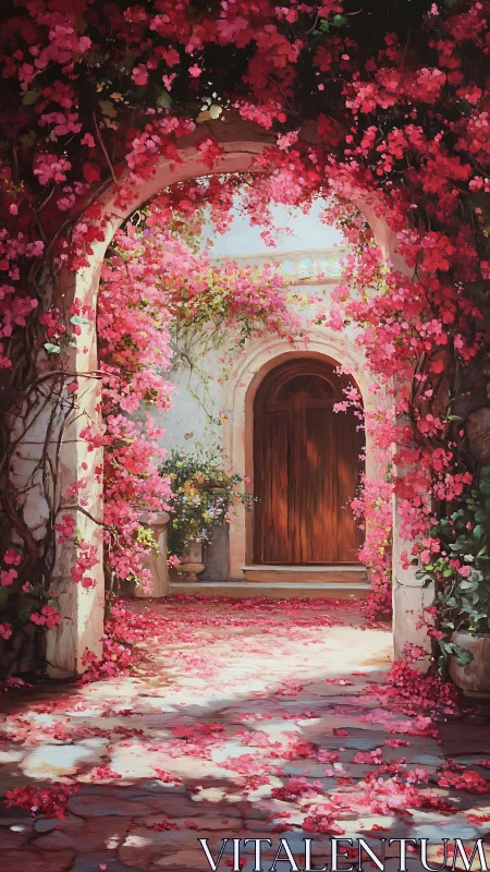 Sunlit stone archway frames a bougainvillea-covered courtyard