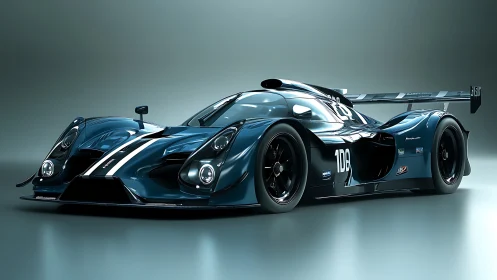 Aerodynamic Le Mans prototype rendered in high-gloss studio lighting