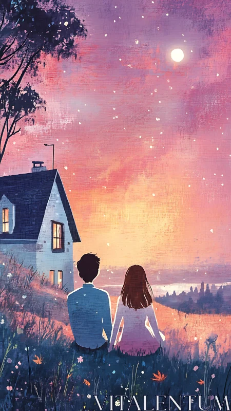 Two Figures Observe Evening Landscape with Moon and House