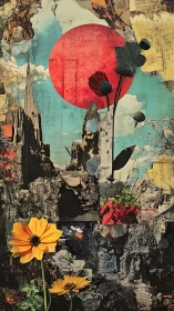 Sun-bloomed ruins beneath a colossal crimson paper moon.