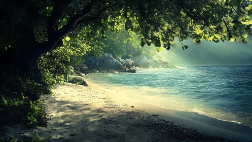 Sunlit jungle cove where emerald leaves kiss the sea.