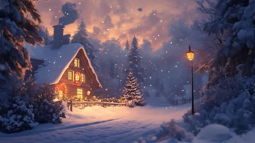 Snowy cabin with warm lights in quiet winter forest scene.