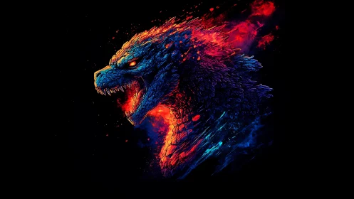 Neon kaiju roars in blazing electric red and blue firestorm.