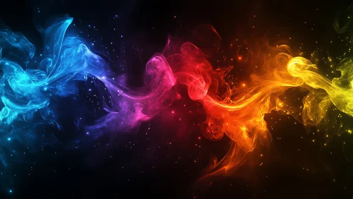 Vibrant multicolor smoke ribbons over dark cosmic void.