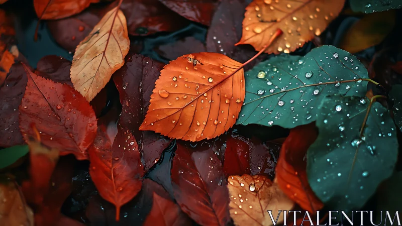 Macro study of rain-drenched autumn leaves in shallow pool.