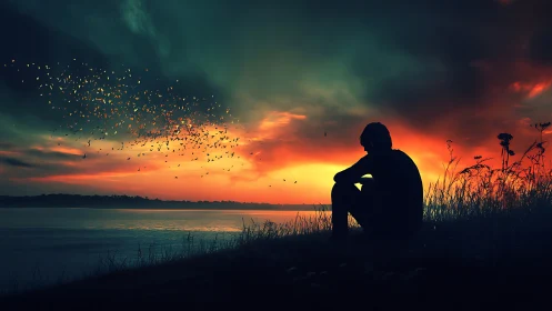 Silhouetted figure observes high contrast sunset over reflective lake