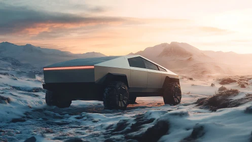 Low-poly electric off-road truck in winter alpine tundra