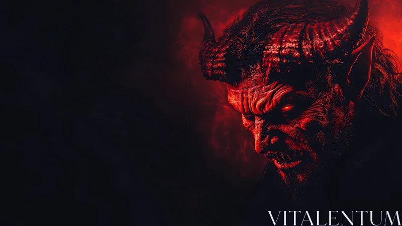 Demonic horned figure in red light on dark background.
