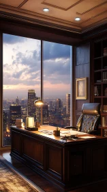 Twilight executive office overlooking a glittering cityscape.
