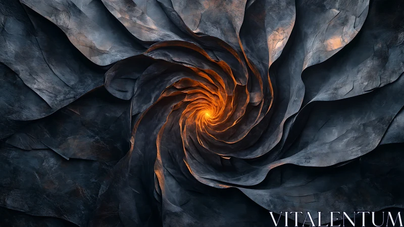 Glowing spiral core curls through layered stone like warm fire