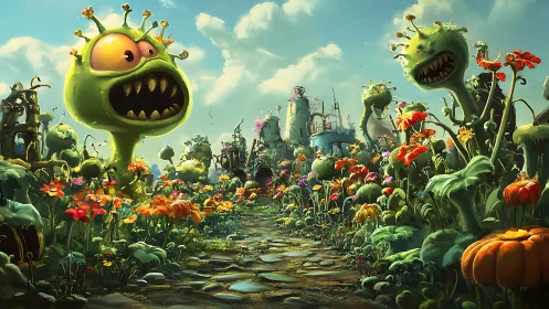 Toothy alien blooms guard a wobbling path to weird towers.