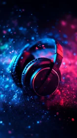 Over-ear headphones rest under split blue and pink light