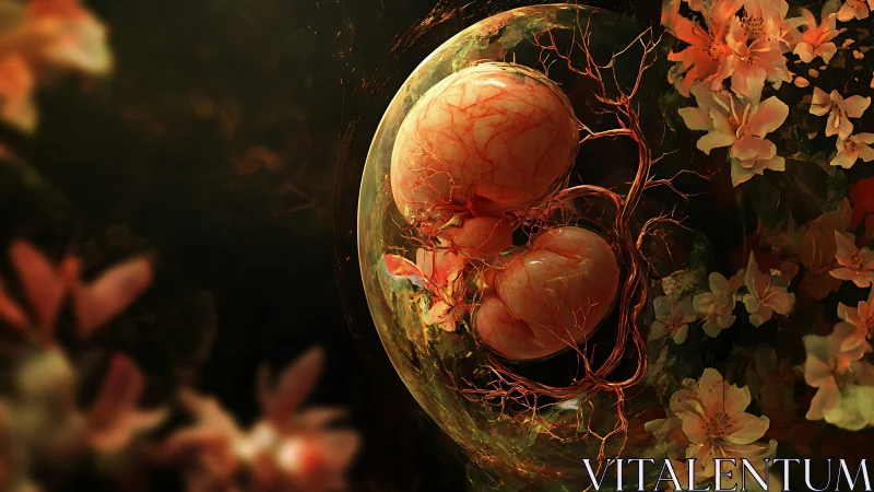 Twin embryonic forms suspended in organic floral vascular sphere