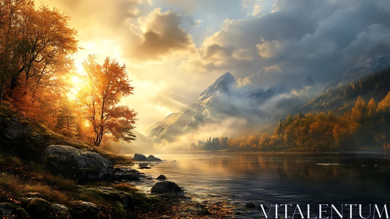 Golden autumn sunrise over calm mountain lake scene.
