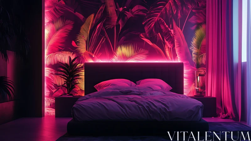 Neon jungle bedroom glows with lush cinematic midnight calm.