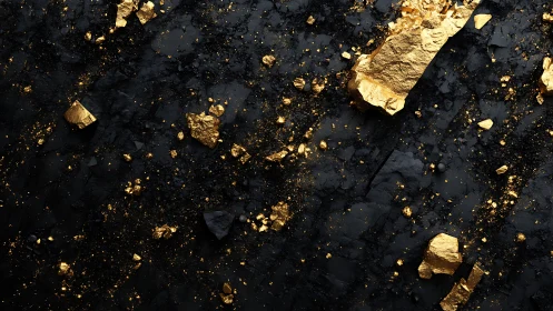 Gold fragments scattered across dark textured surface.