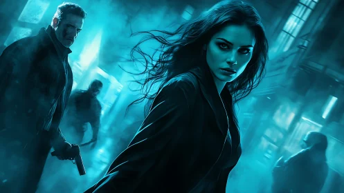 Neo-noir cyberpunk alley pursuit with cinematic teal grading.