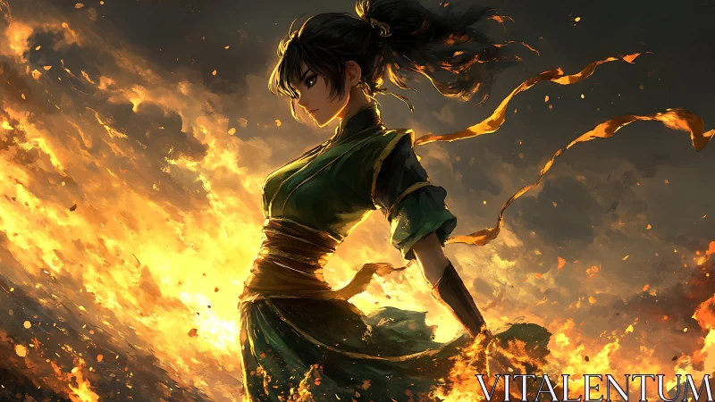 Fire-wreathed warrior strides through a blazing storm of light.